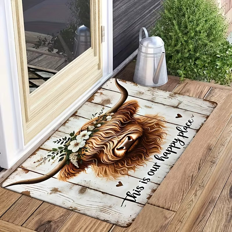 VIKAMA Highland Cow This Is Our Happy Place Fußmatte mit floralem Bauernhaus-Design, rutschfest und waschbar, Mehrfarbig, B: 60,0 cm, T: 40,0 cm - Bild 4