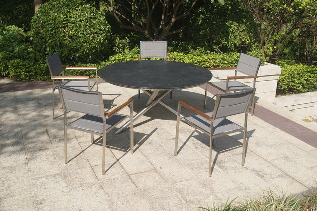 OUTFLEXX Garten-Essgruppe aus Edelstahl und Glaskeramik in Silber/Grau mit 5 gepolsterten Stühlen und rundem Tisch Ø 150 cm - Bild 1