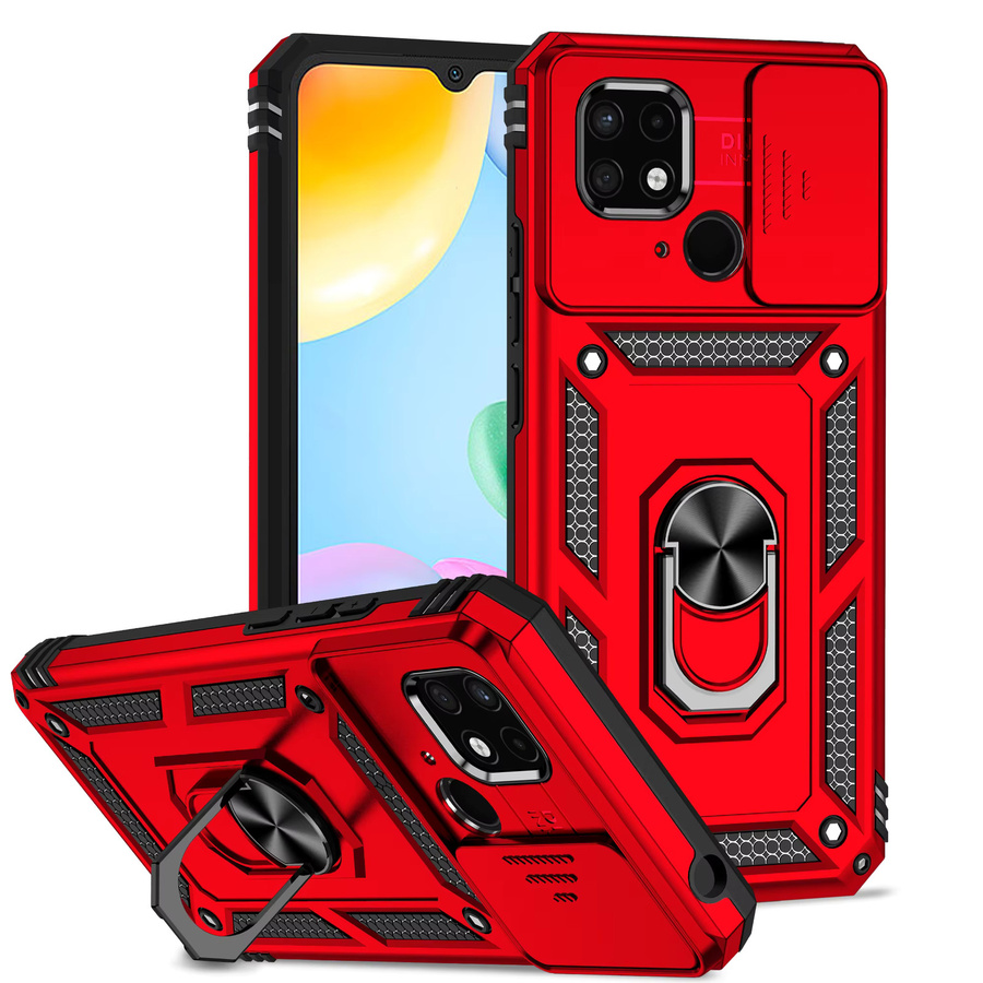 Stoßfeste Xiaomi Panzerhülle für Redmi 10 9A 9C 10 10A 11A 10C 12 12C 13C 14C 15C A1 Plus mit Ringhalter, Schiebeobjektivschutz und Ständer in Schwarz und Rot - Bild 1