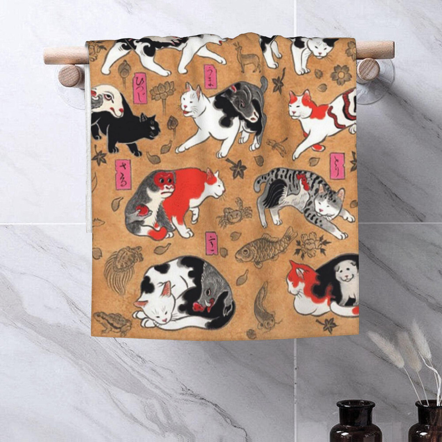 Schnelltrocknendes Baumwollhandtuch mit antikem japanischem Holzschnitt Katzen-Motiv, B: 40 cm, H: 60 cm - Bild 2