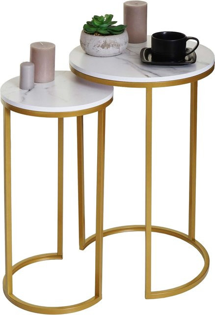 2er-Set Beistelltisch MCW-K46 in Marmor-Optik aus MDF und Paulowniaholz, Farbe Weiß-Gold - Bild 1