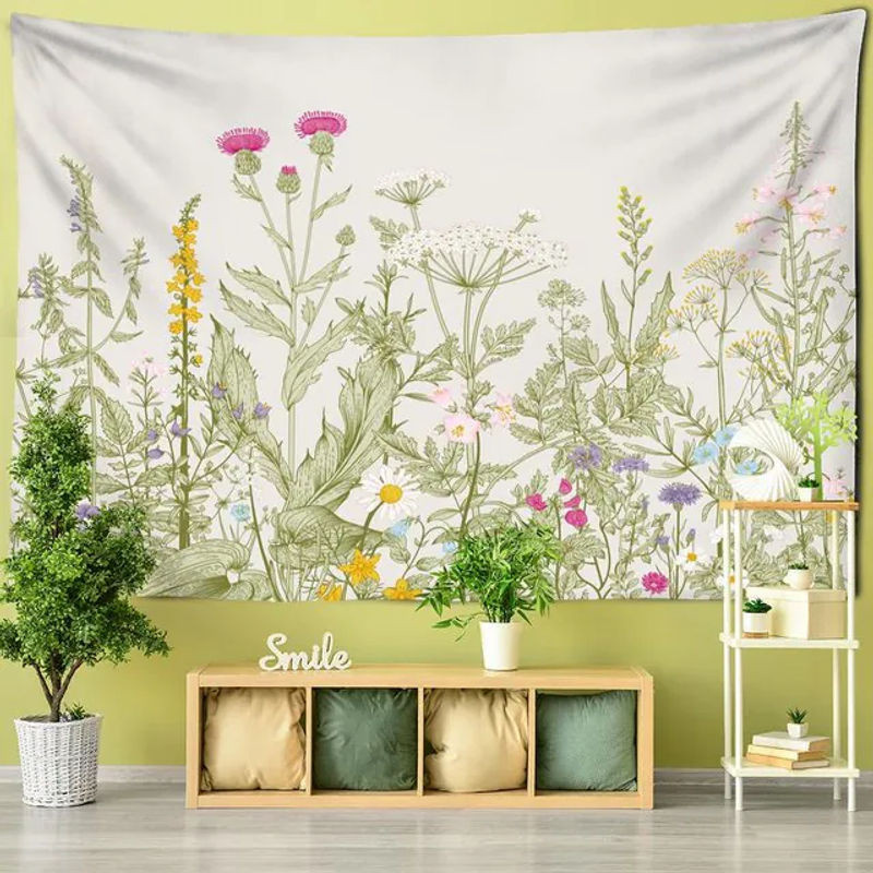 Super Six Wandteppich mit tropischem Blumenmuster in Weiß, minimalistische Textil-Dekoration im Querformat, Breite: 95 cm, Höhe: 70 cm - Bild 1