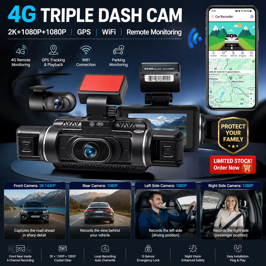 Bluavido 4-Kanal 4G LTE Dashcam mit 1440P Frontkamera und dreifacher 1080P Rückkamera, Schwarz, mit GPS, WLAN, ADAS, BSD und Fernüberwachung - Bild 2
