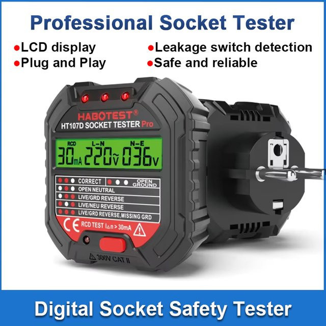 HABOTEST Socket Tester Pro Digitaler Steckdosentester zur Prüfung von Spannung, Erdung, Nullleiter und Polarität in Schwarz - Bild 1
