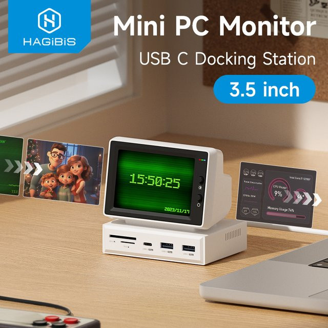 Hagibis 3,5 Zoll IPS Mini Monitor mit USB-C Hub zur CPU RAM HDD Datenanzeige in Weiß für Laptop PC und MacBook - Bild 1