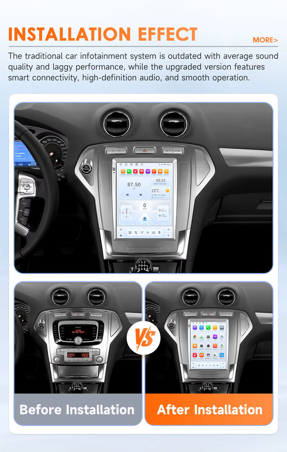 OSSURET Android 14 Autoradio mit 9,7 Zoll Vertikalbildschirm für Ford Mondeo mk4 und Galaxy A/C 2007-2010, Multimedia-Player mit GPS, Wireless Carplay, Android Auto, 4G, Bluetooth und 360-Grad-Kamera, Schwarz - Bild 2