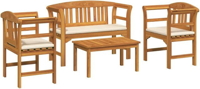 vidaXL Gartenrosen-Lounge-Set 4-teilig aus Massivholz Akazie mit Kissen in Braun und Weiß - Bild 1