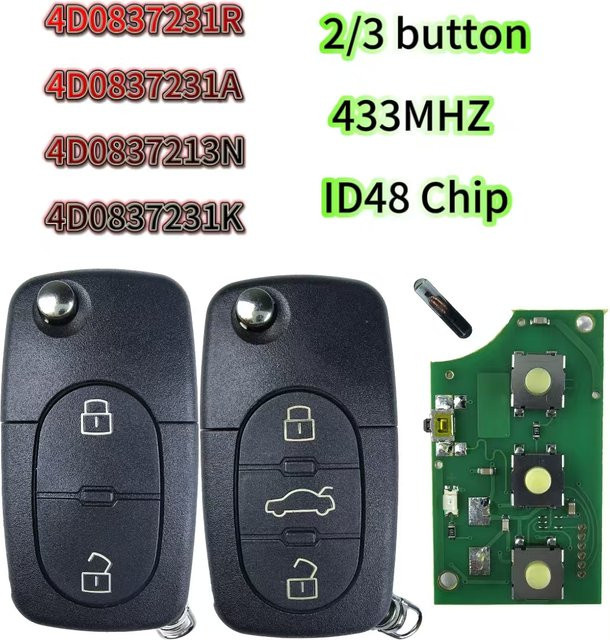 QCONTROL Auto Schlüssel für Audi A3 A4 A6 A8 TT mit 2 oder 3 Tasten, 433MHz, ID48 Chip, Farbe: Schwarz - Bild 1