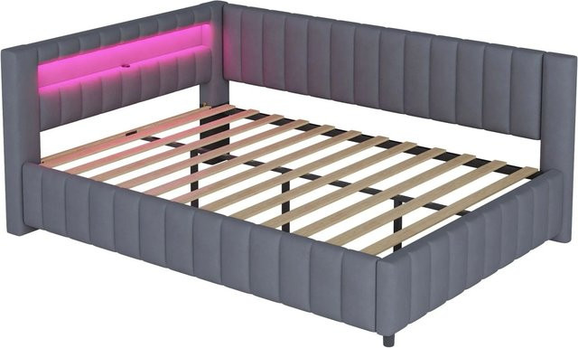 Merax Schlafsofa in L-Form aus Samt mit LED-Beleuchtung und USB-Anschluss, Grau, B/T/H: 209,0 x 147,5 x 82,0 cm - Bild 1