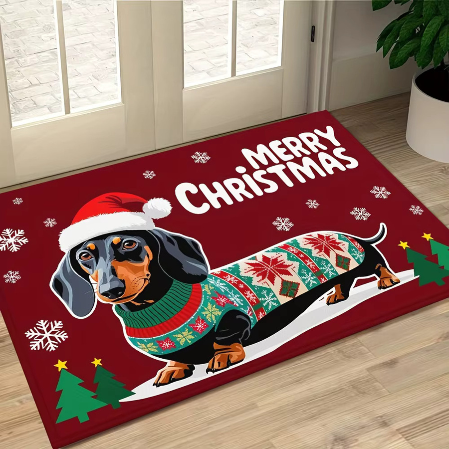 VIKAMA Weihnachts-Willkommensmatte mit Dackel-Hund, rutschfeste Dekomatte aus Polyester in Rot, B/T: 60 x 40 cm - Bild 2