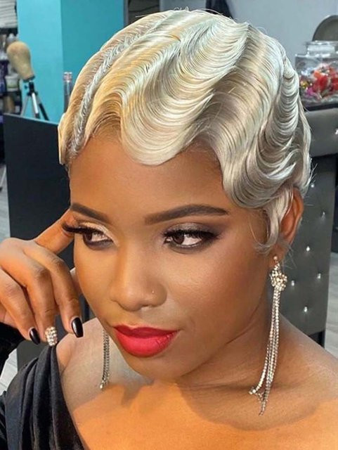OYM HAIR Pixie-Perücke, blonde Fingerwellen, Remy-Echthaar, kurz - Bild 1