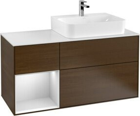 Villeroy & Boch Finion Waschtischunterschrank mit Abdeckplatte und Regal links in Walnussfurnier, Braun, B: 120 cm, T: 50,1 cm, H: 50,1 cm - Bild 1