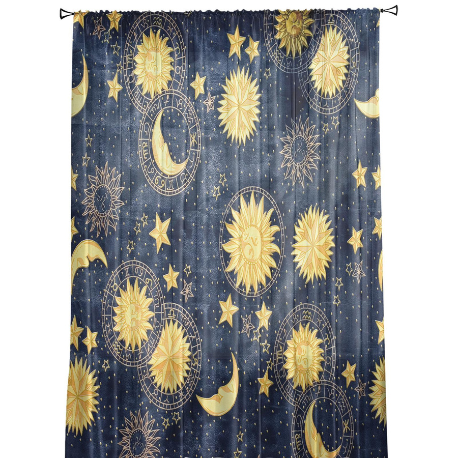 Transparente Tüll-Vorhänge mit Sonne Mond Universum Motiv aus Organza für Wohnzimmer und Küche, Breite: 135 cm, Höhe: 137 cm - Bild 4