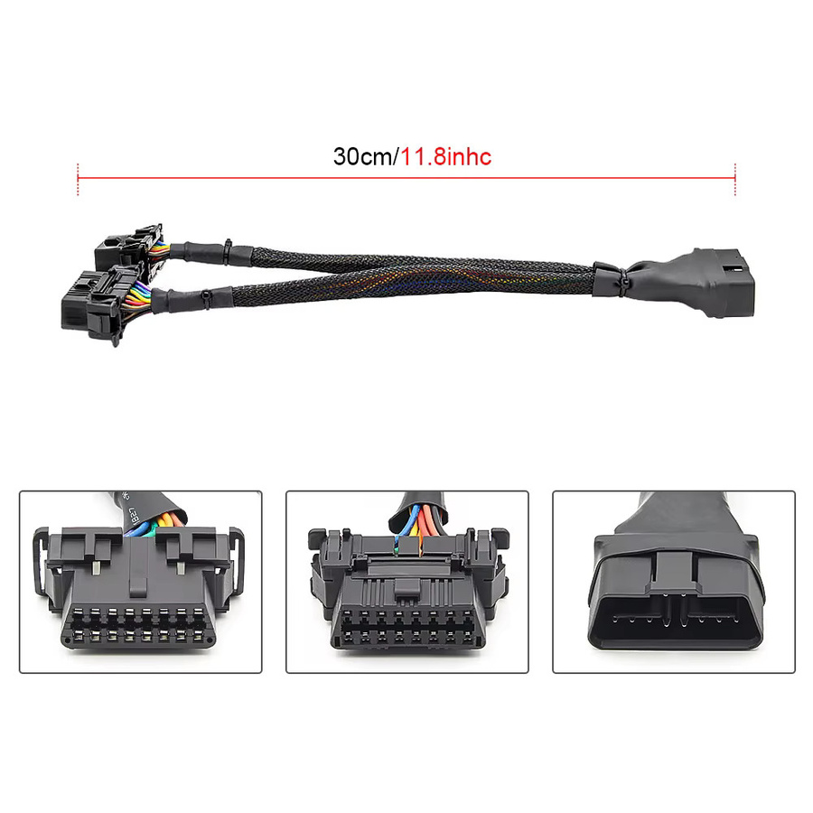 JFIND OBD2 16-Pin Stecker auf Dual-Buchse Splitter-Kabel 1 in 2 Verlängerungsadapter für ELM327 VAG Auto-Diagnosegerät, Schwarz - Bild 2