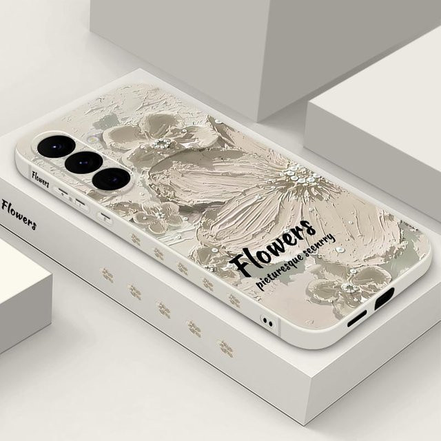 Stoßfeste Samsung Handyhülle mit Ölgemälde Blume und Lanyard Riemen in Beige für S26 S25 S24 S23 S22 Ultra S21 S20 FE A55 A54 A35 A34 inklusive Linsenschutz - Bild 1
