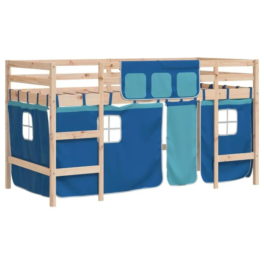 vidaXL Kinderhochbett aus Massivholz Kiefer mit Vorhängen in Blau und Braun, B/T/H: 80 x 200 x 113,5 cm - Bild 2