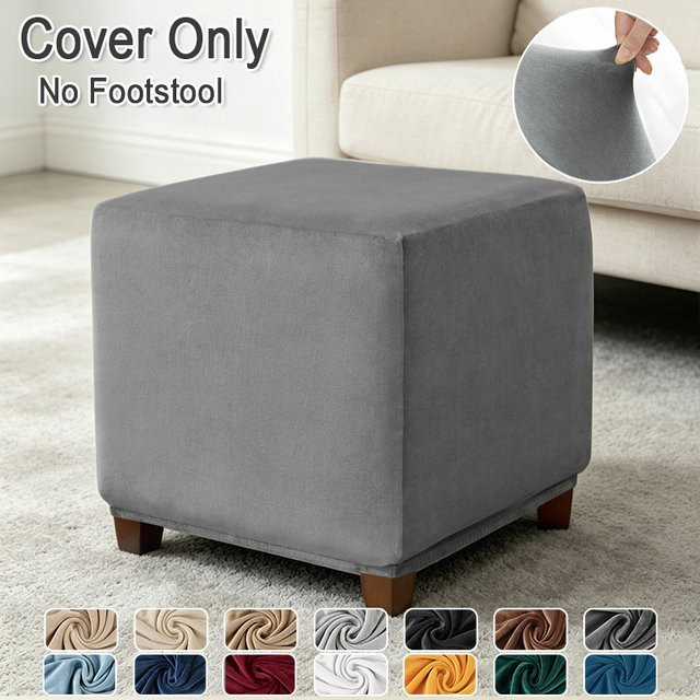 WANERQU Samt Ottomane Abdeckung Grau, elastischer Schonbezug für quadratische Hocker im modernen Design - Bild 1