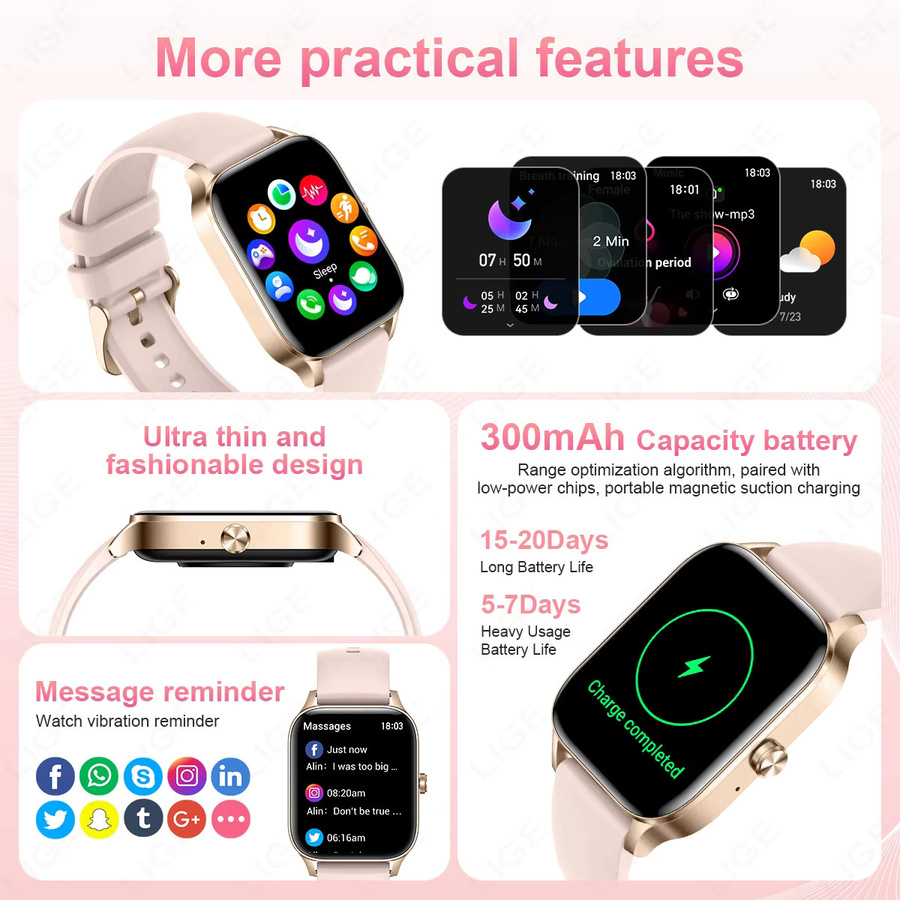 LIGE Fashion Smartwatch für Damen mit 1,85 Zoll HD-Bildschirm, Bluetooth-Anruf und Gesundheitsmonitor in Schwarz und Pink - Bild 3