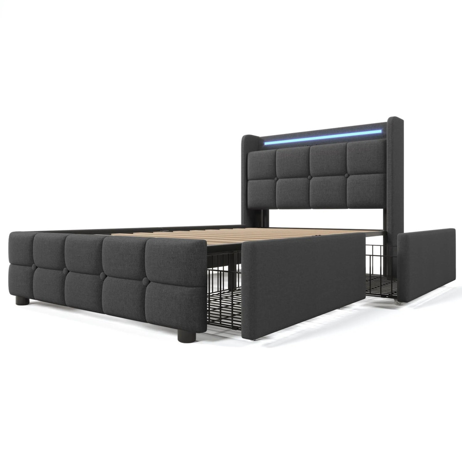 Merax Polsterbett Grau mit 2 Schubladen, LED-Unterbettbeleuchtung und USB-C Anschluss, inklusive Hybrid-Matratze, B/T/H: 90 x 200 x 120 cm - Bild 2