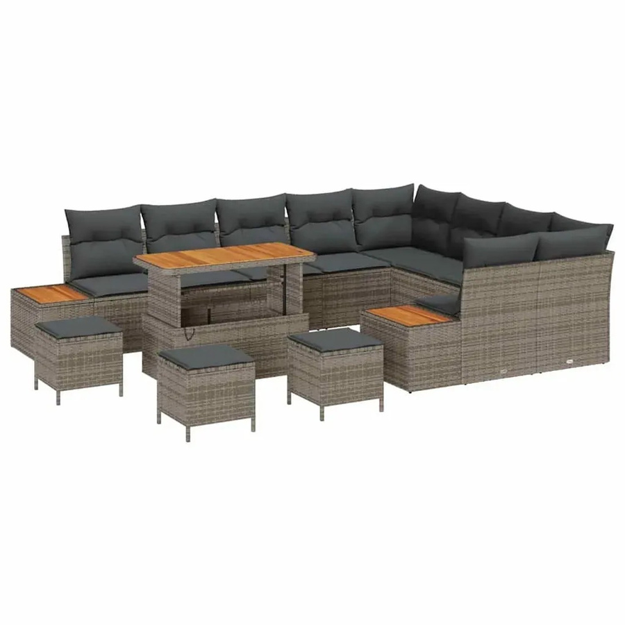vidaXL Garten-Sofa-Set 13-tlg. aus Poly Rattan und Akazienholz in Grau mit Kissen - Bild 2
