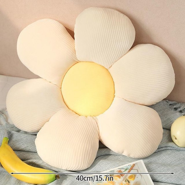 Dekoratives Sonnenblumenkissen in Beige und Weiß, rundes Plüschkissen mit Blumenmuster, Durchmesser: 40 cm - Bild 1