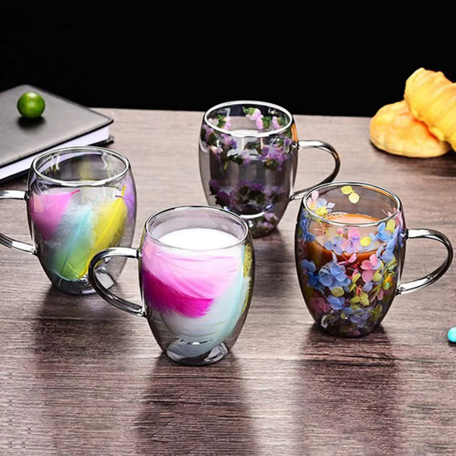 Doppelwandige Kaffeetasse aus Hochborosilikatglas von BLUELANS mit buntem Blütenblatt-Design, 350 ml - Bild 5