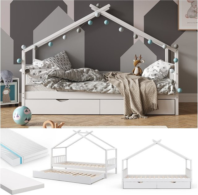 VitaliSpa Kinderbett Hausbett aus Massivholz mit Lattenrost und Matratze, Weiß, B/T/H: 90 x 200 cm - Bild 1
