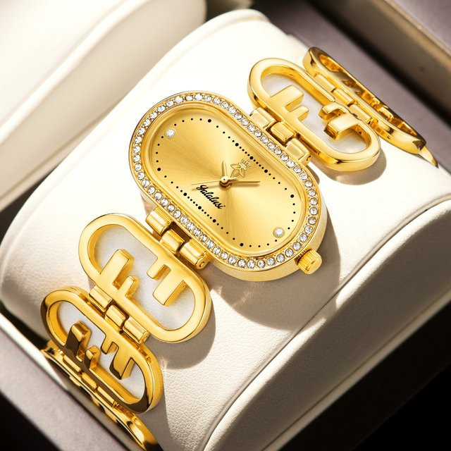 YaLaLuSi Armbanduhr, Quarz, Edelstahl, Bicolor, Gold, Schwarz, Diamantbesetzt, Damen - Bild 1