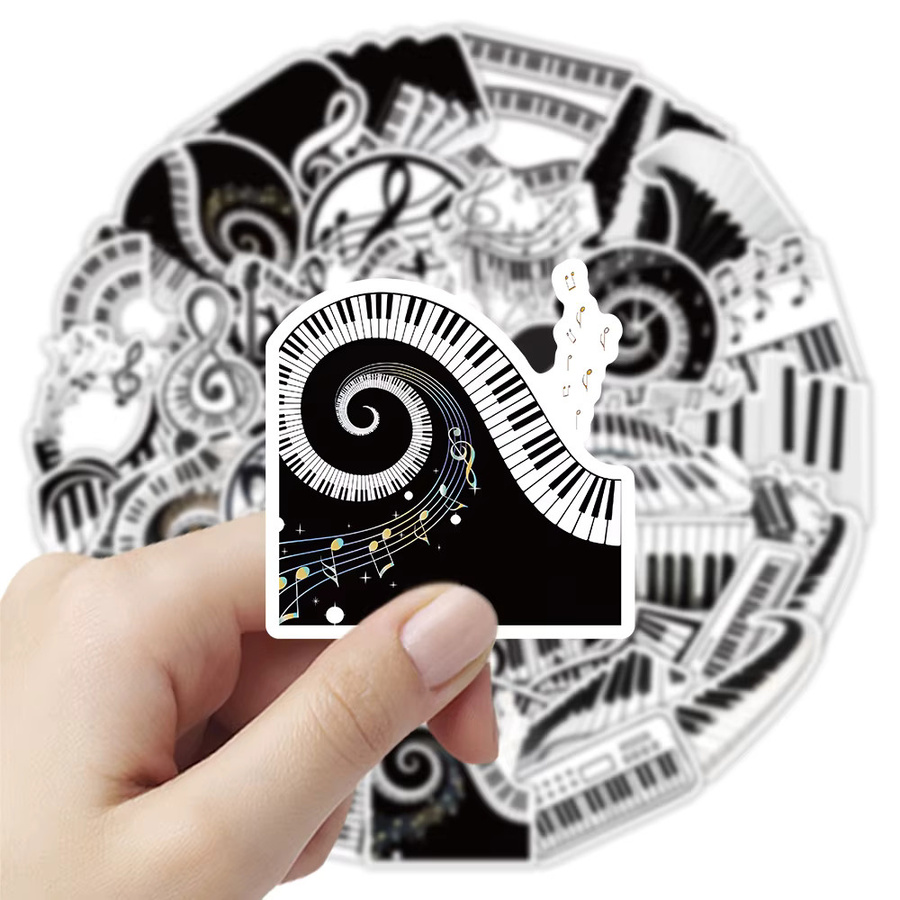 50 Stück Musik Element Aufkleber mit Klaviertasten in Schwarz und Weiß für DIY Notebook und Gepäck, wasserdicht - Bild 5