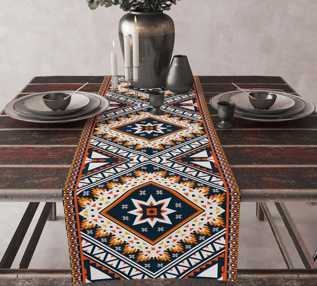 JMG Household Supplies Tischläufer aus Leinen im Aztekischen Boho-Stil mit geometrischem Muster, Mehrfarbig, Breite: 150 cm, Tiefe: 33 cm - Bild 1