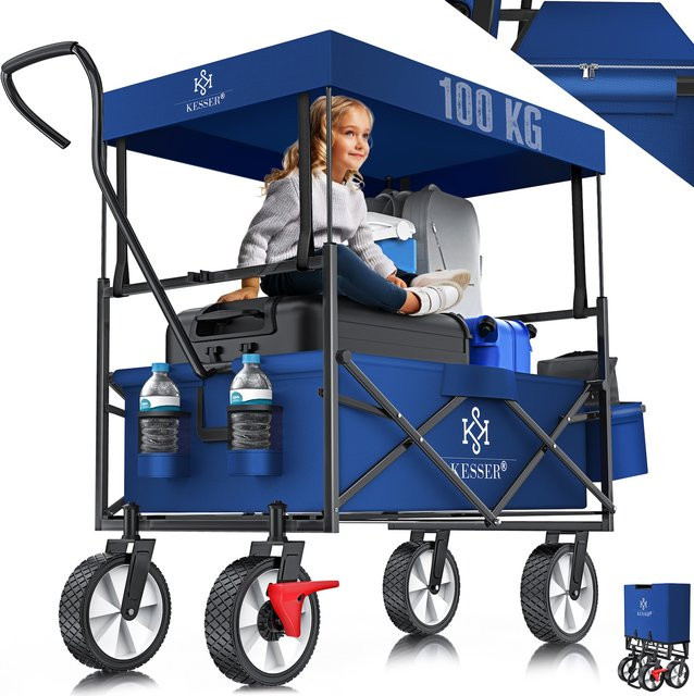 KESSER Bollerwagen faltbar mit Dach, Transportkarre mit Vollgummi-Reifen und Vorderrad-Bremse, bis 100 kg Tragkraft, inklusive Netztaschen und Außentasche - Bild 1