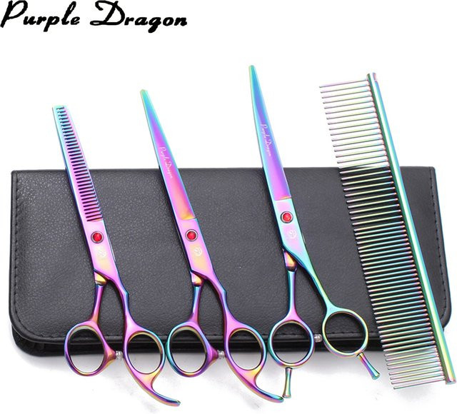Purple Dragon Hundepflegescheren-Set Z3002 in Multicolour mit 7 Zoll Japanischem Edelstahl-Effilierschere und gebogener Schere - Bild 1