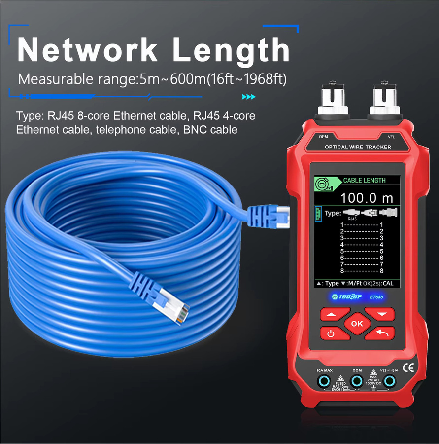 TOOLTOP Professioneller Netzwerkkabeltester mit POE Spannungsprüfer, Multimeter, optischem Leistungsmessgerät und visuellem Fehlerdetektor in Rot - Bild 4