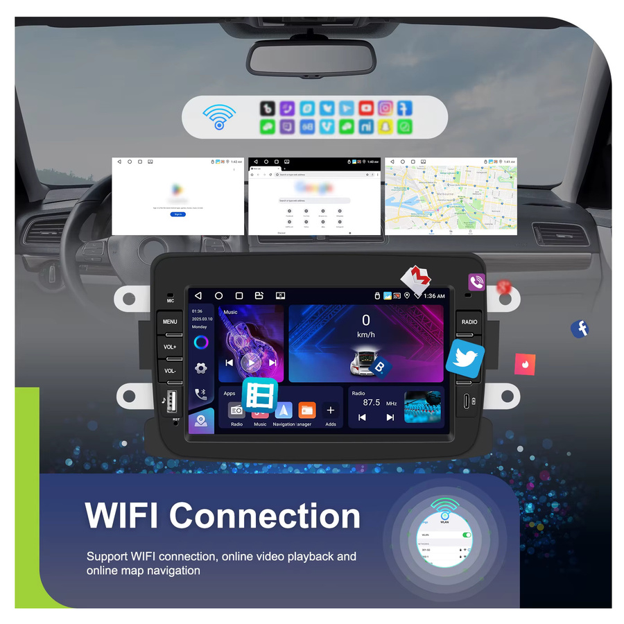 Podofo 2 Din Android Autoradio 7 Zoll für Renault Dacia Sandero Duster mit 4G+64G, GPS-Navigation, WLAN, kabellosem CarPlay, Android Auto und Bluetooth in Schwarz - Bild 2