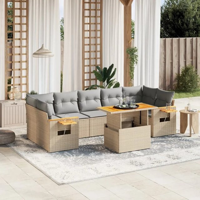 vidaXL 8-tlg Garten-Sofagarnitur in L-Form aus beige farbenem Poly-Rattan mit Kissen und pulverbeschichtetem Stahlgestell - Bild 1