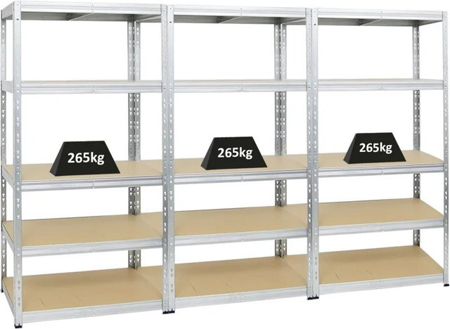 3er Set PROREGAL Tiger Schwerlastregal aus Metall und HDF-Holzplatten, 5 Ebenen, silber, H x B x T: 180 x 90 x 60 cm - Bild 1