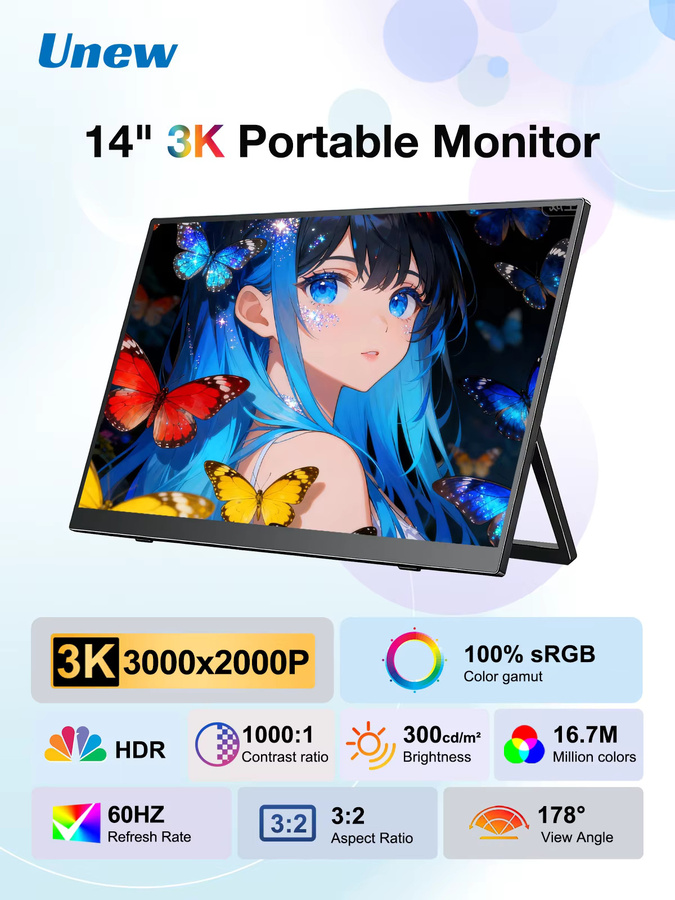 Unew Tragbarer 14 Zoll Monitor mit 3K Auflösung, 3:2 IPS Display, 100% sRGB und Low Blue Light in Schwarz - Bild 6