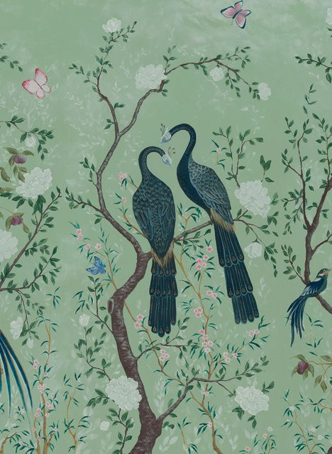 Coordonne Edo Panoramische Tapete mit Vögeln und floralen Elementen in Mintgrün im asiatischen Stil - Bild 1