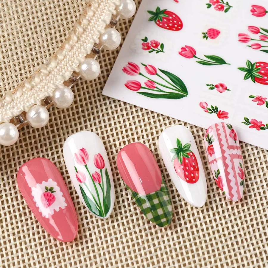Nagelaufkleber Tulpenblumen, Rosa Tulpen, Erdbeere, Schleife, Glänzend - Bild 3