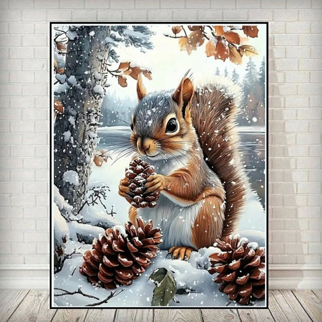 Potdemiel DIY Diamond Painting Set Eichhörnchen Winter Motiv Mosaik Stickerei für Handarbeit und Wohnkultur - Bild 1