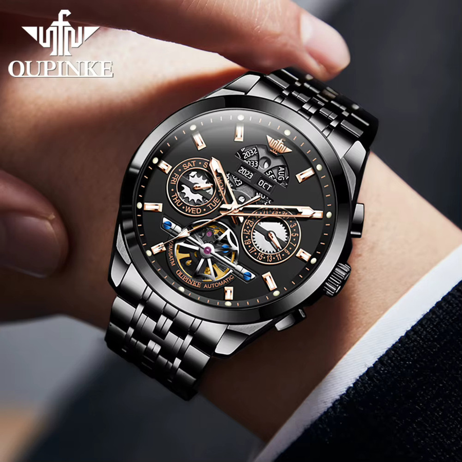 OUPINKE Automatik-Armbanduhr, Edelstahl, Schwarz, Herren - Bild 4