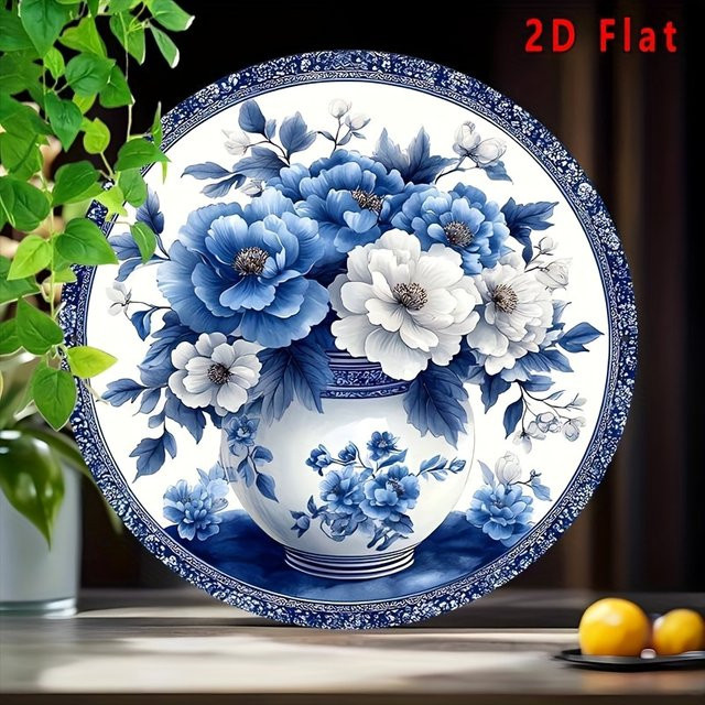 Potdemiel Wanddekoration Porzellan-Thema in Blau und Weiß, runde Metall-Wandplatte mit floralem Design, Durchmesser: 20,32 cm - Bild 1