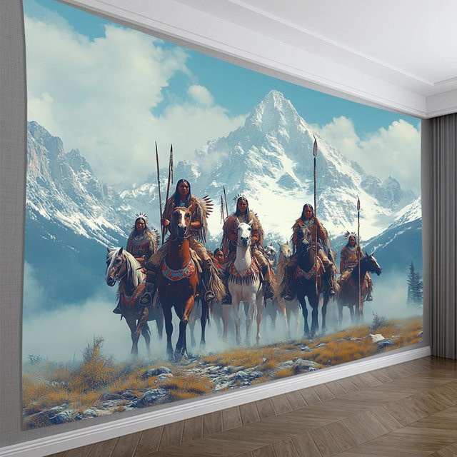 Wandteppich von JMG Household Supplies mit Motiv Native Krieger zu Pferd in der Landschaft, Mehrfarbig, B/H: 130 x 150 cm - Bild 1