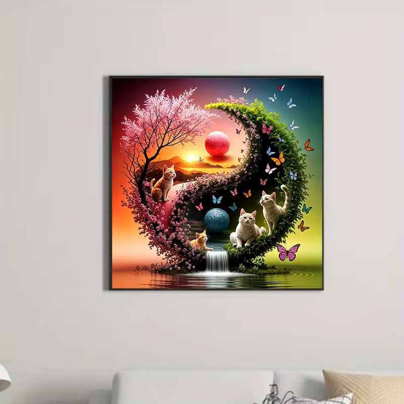 Huacan DIY Diamantmalerei Katze Mosaik Wanddekoration in Multicolour, Rund - Bild 2