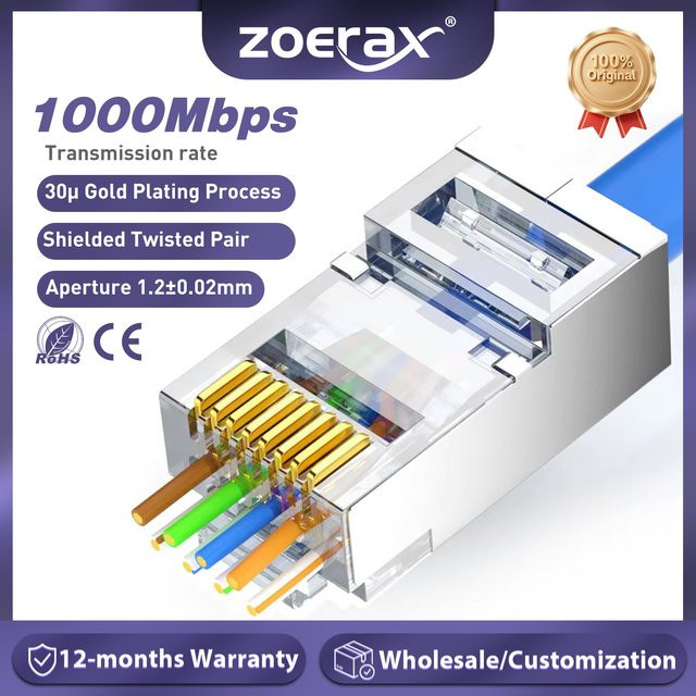 ZoeRax RJ45 Pass-Through-Stecker vergoldet für Cat6A Cat6 Cat5e Ethernet LAN Kabel UTP/STP - Bild 1