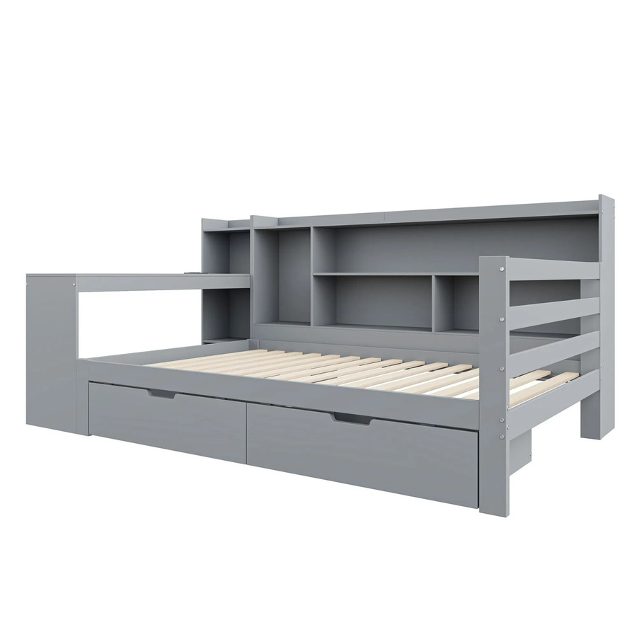 Merax Schlafsofa mit Schreibtisch und Regal in Grau aus Massivholz und MDF, B/T/H: 245,5 x 120 x 90 cm - Bild 2
