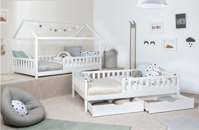 TiCAA 2 in 1 Hausbett Bodenbett aus Kiefer Massivholz mit abnehmbarem Dach, Schubladen und Rausfallschutz, Farbe Weiß - Bild 1