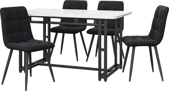 Merax Essgruppe 5-teilig mit Esstisch und 4 Samtstühlen in Schwarz und Weiß, B: 120 cm, T: 70 cm - Bild 1