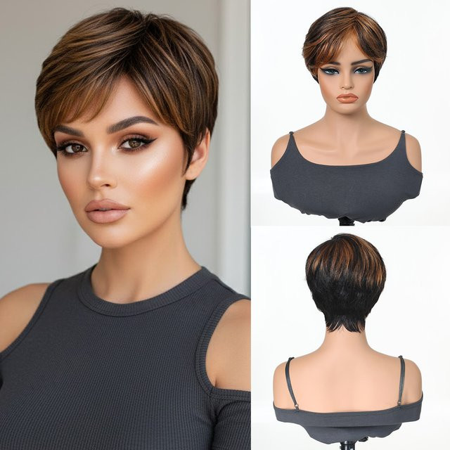 GEMMA Echthaarperücke, kurzer Bob Pixie Cut, braun-blond gemischt, glatt mit Pony - Bild 1