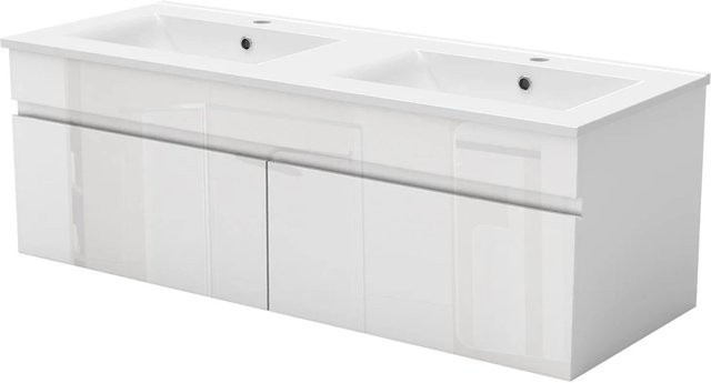AICA Badmöbel BERGEN 2-teiliges Waschtisch-Set mit Keramik-Waschtisch und Unterschrank, Weiß Hochglanz, Breite: 121 cm, Softclose-Türen, wandmontiert - Bild 1